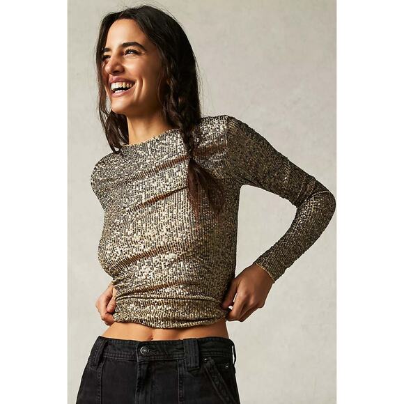 Free People Gold Rush Long Sleeve Top Sequin Gold Combo Size XS NWOT - Picture 4 of 6